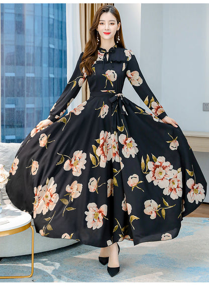 Women's Long-sleeved Waist Slimming Printed Dress