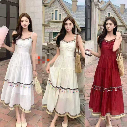 Vacation Style Red Suspender Skirt Ethnic Style Dress