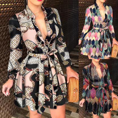 Long Sleeve V-neck Strap Fashion Print Dress